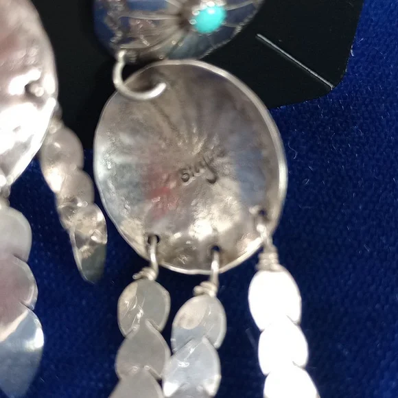 Sterling Silver and Turquoise / Feathers Dangle Earrings Native American - Picture 10 of 12